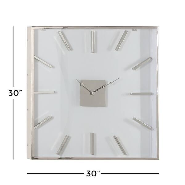 Extra Large Square Silver Metal Wall Clock with Clear Glass Face, 30